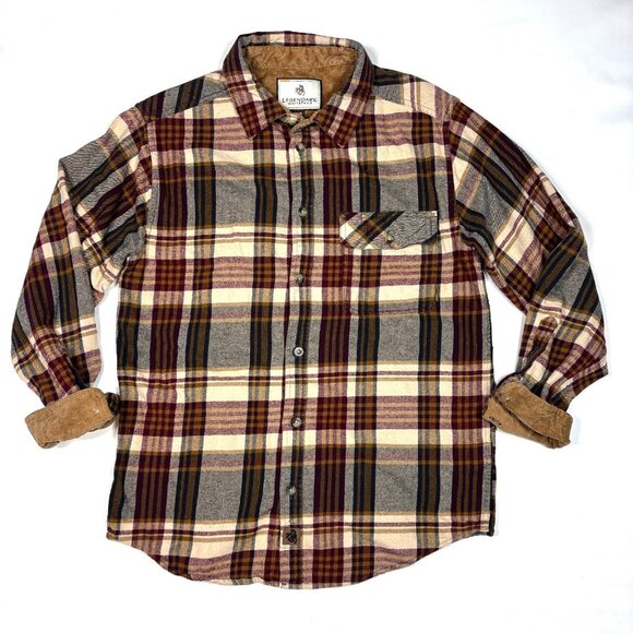 Legendary Whitetails Brown Plaid Corduroy Flip Cuff Flannel Button Shirt Medium - Picture 1 of 8